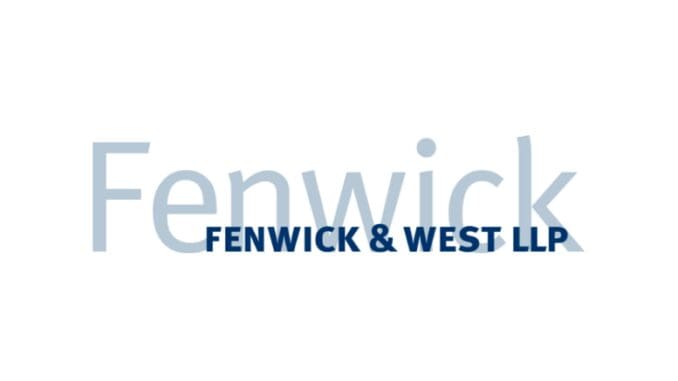 A blue and white logo of fenwick & west london