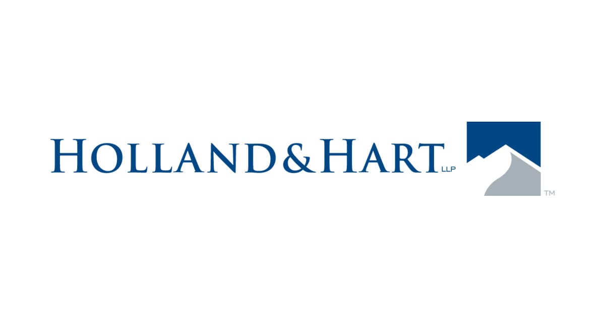 A blue and white logo of holland & hart