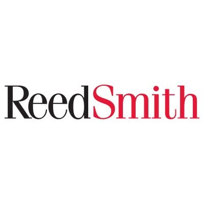 A red and black logo for reed smith.