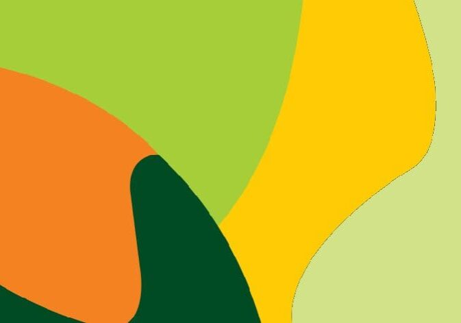 A green and orange background with a yellow and red design.