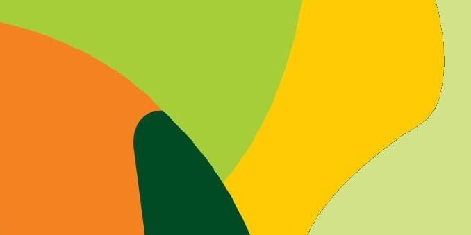 A green and orange background with a yellow and red design.