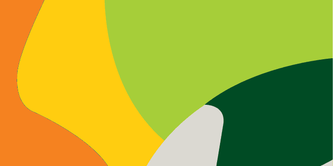 A colorful abstract background with green, orange and white shapes.